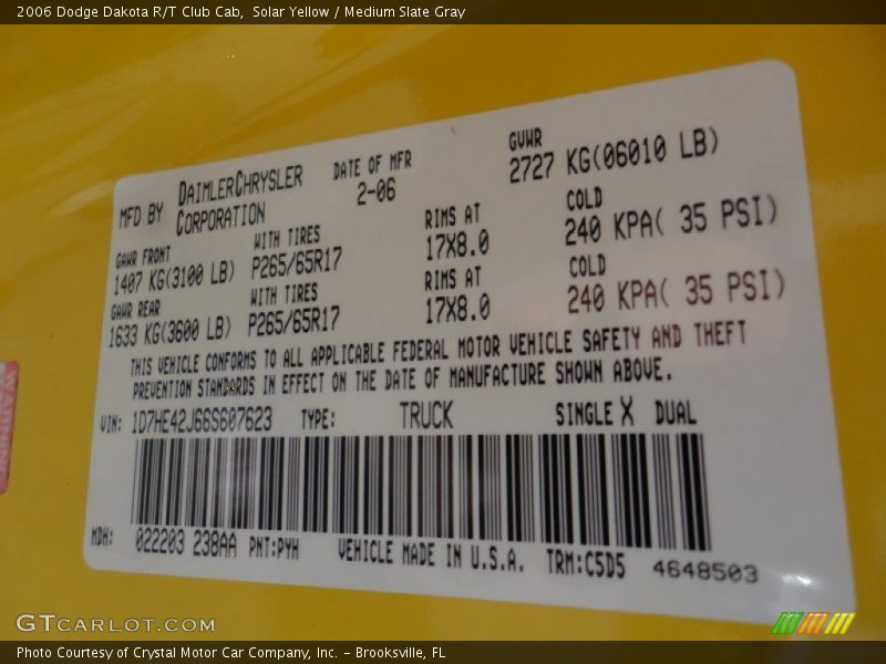 2006 Dakota R/T Club Cab Solar Yellow Color Code PYH