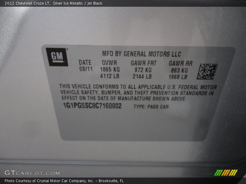 Silver Ice Metallic / Jet Black 2012 Chevrolet Cruze LT