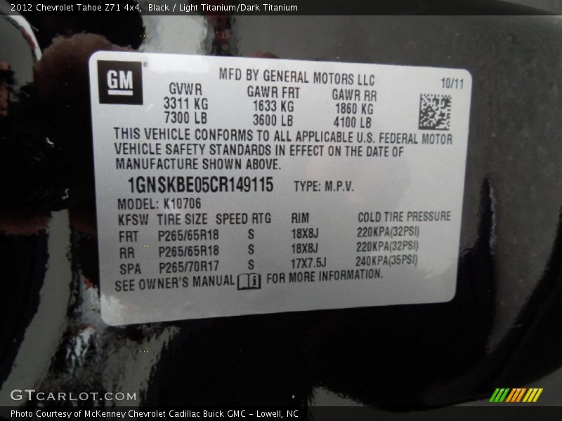 Black / Light Titanium/Dark Titanium 2012 Chevrolet Tahoe Z71 4x4