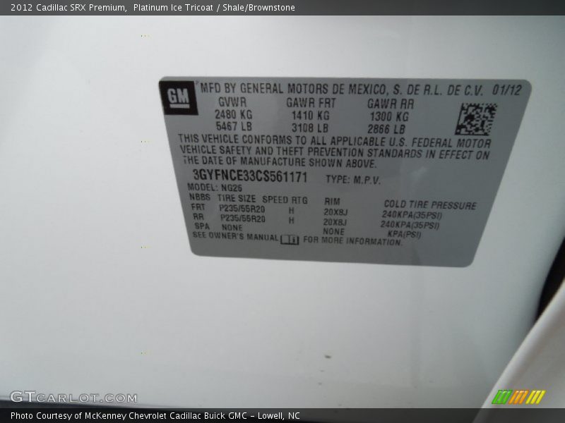 Platinum Ice Tricoat / Shale/Brownstone 2012 Cadillac SRX Premium
