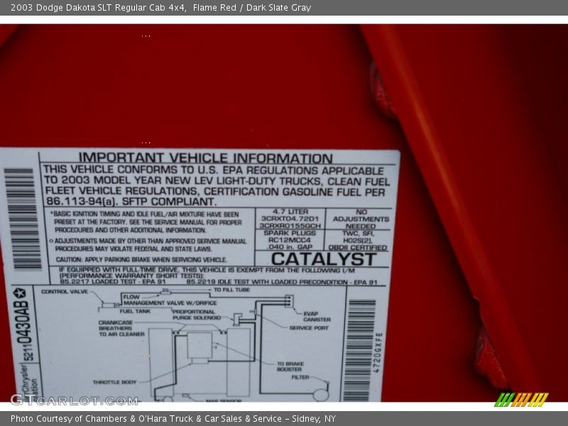 Info Tag of 2003 Dakota SLT Regular Cab 4x4