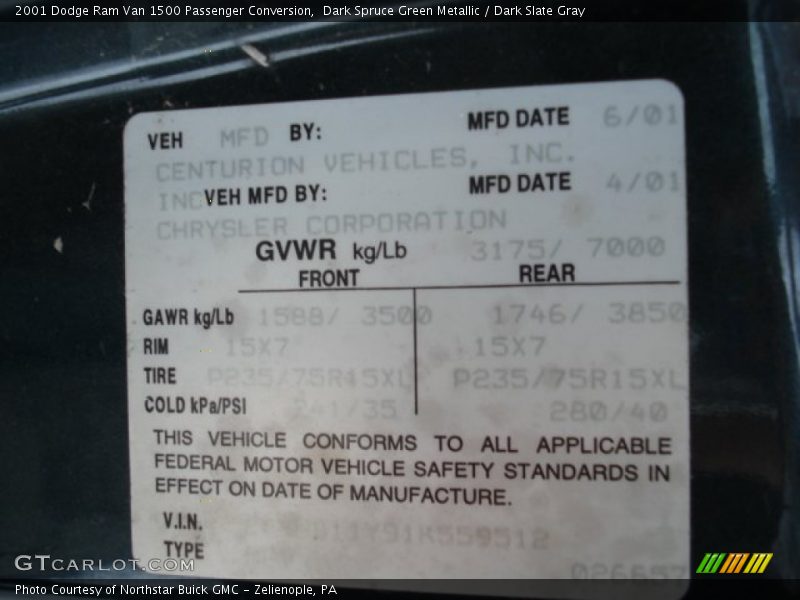 Info Tag of 2001 Ram Van 1500 Passenger Conversion