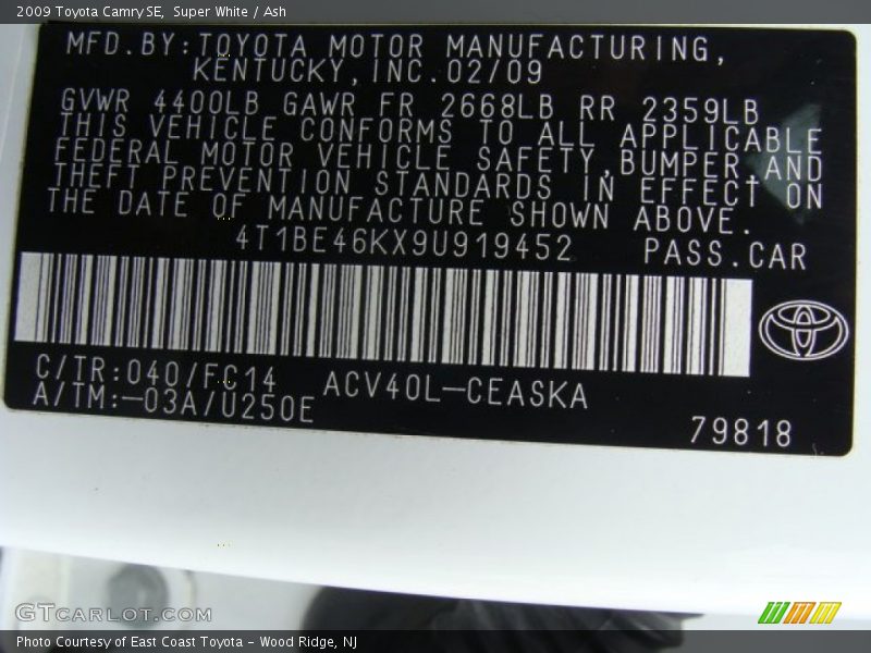 Super White / Ash 2009 Toyota Camry SE