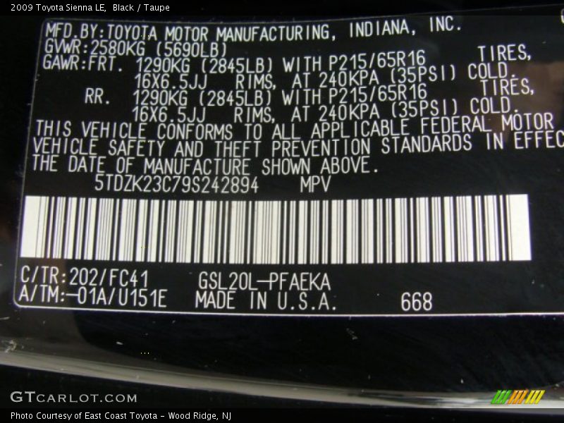 Black / Taupe 2009 Toyota Sienna LE