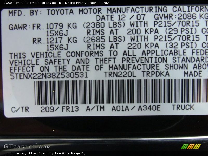 Black Sand Pearl / Graphite Gray 2008 Toyota Tacoma Regular Cab