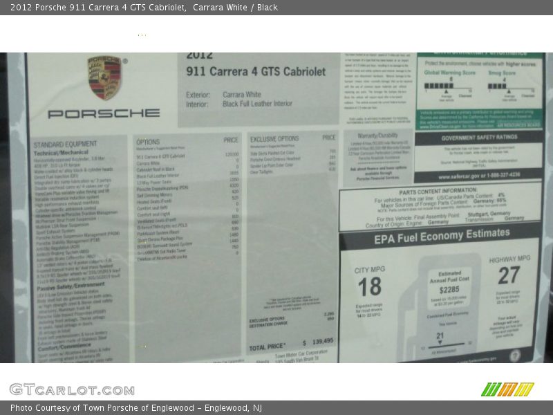 2012 911 Carrera 4 GTS Cabriolet Window Sticker