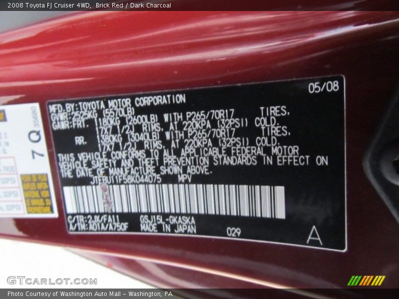 2008 FJ Cruiser 4WD Brick Red Color Code 2JX
