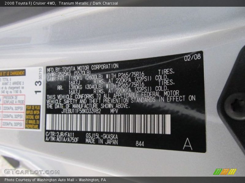 2008 FJ Cruiser 4WD Titanium Metallic Color Code 2JR