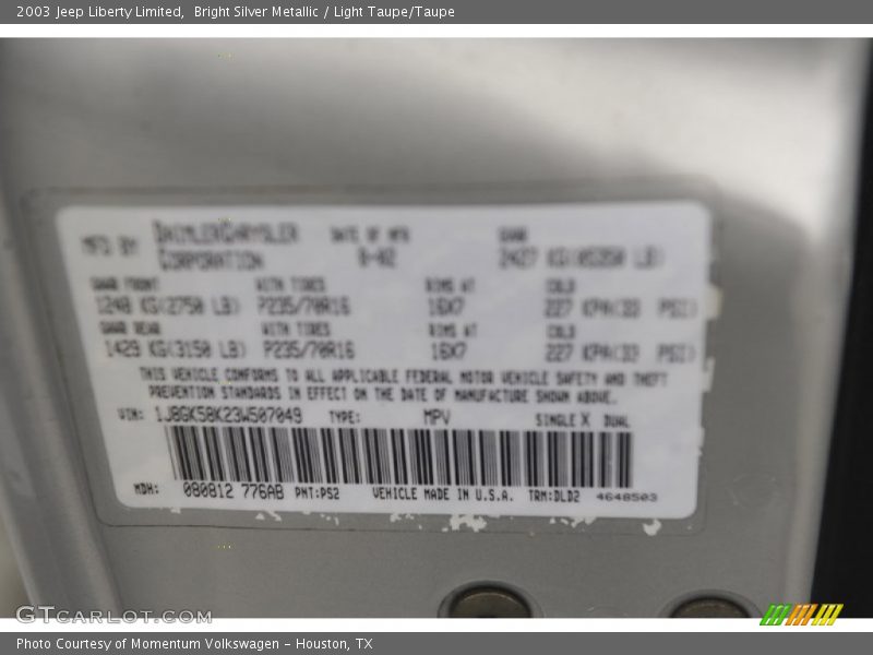 2003 Liberty Limited Bright Silver Metallic Color Code PS2