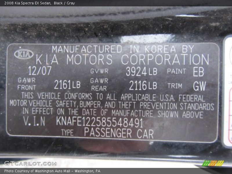 2008 Spectra EX Sedan Black Color Code EB