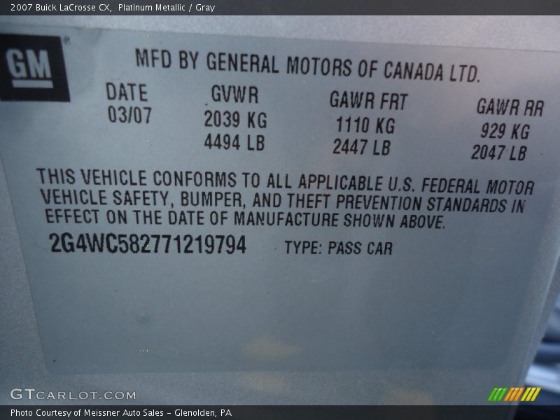 Platinum Metallic / Gray 2007 Buick LaCrosse CX