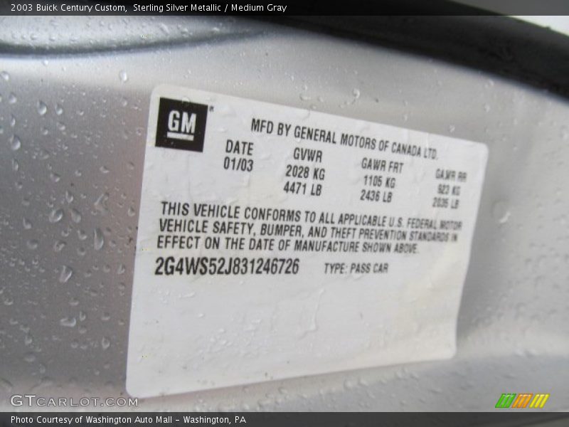 Sterling Silver Metallic / Medium Gray 2003 Buick Century Custom