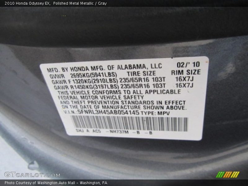 Polished Metal Metallic / Gray 2010 Honda Odyssey EX