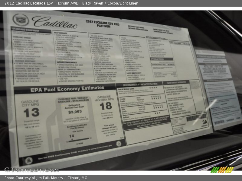  2012 Escalade ESV Platinum AWD Window Sticker
