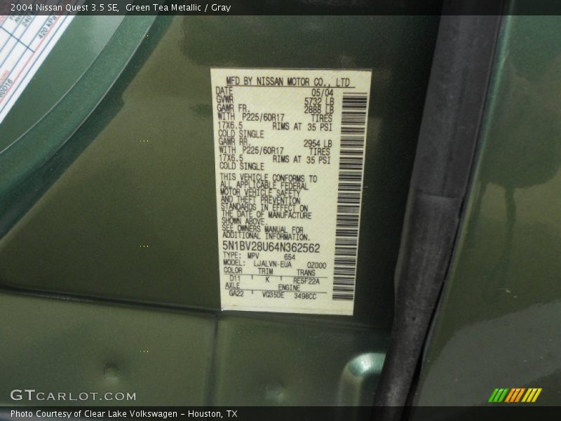 2004 Quest 3.5 SE Green Tea Metallic Color Code D11