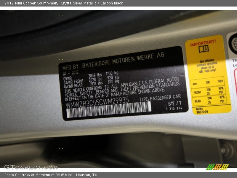 Crystal Silver Metallic / Carbon Black 2012 Mini Cooper Countryman