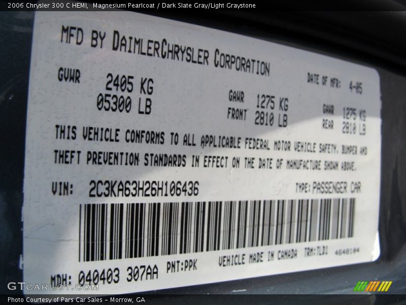 2006 300 C HEMI Magnesium Pearlcoat Color Code PPK