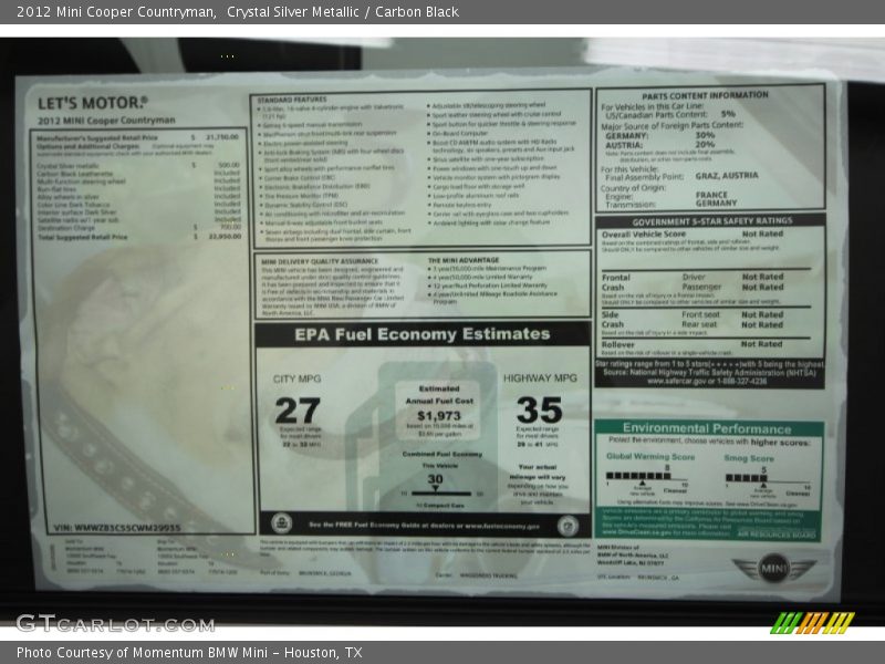  2012 Cooper Countryman Window Sticker