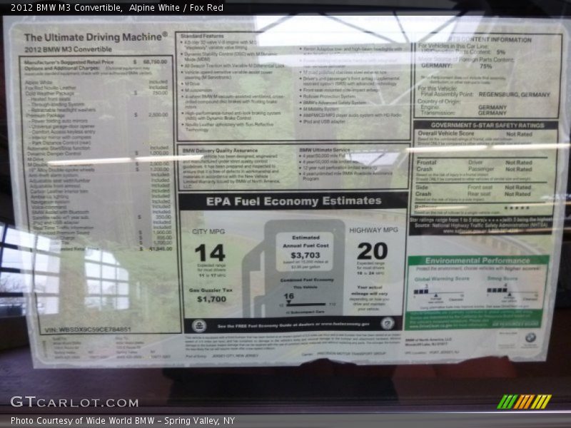  2012 M3 Convertible Window Sticker