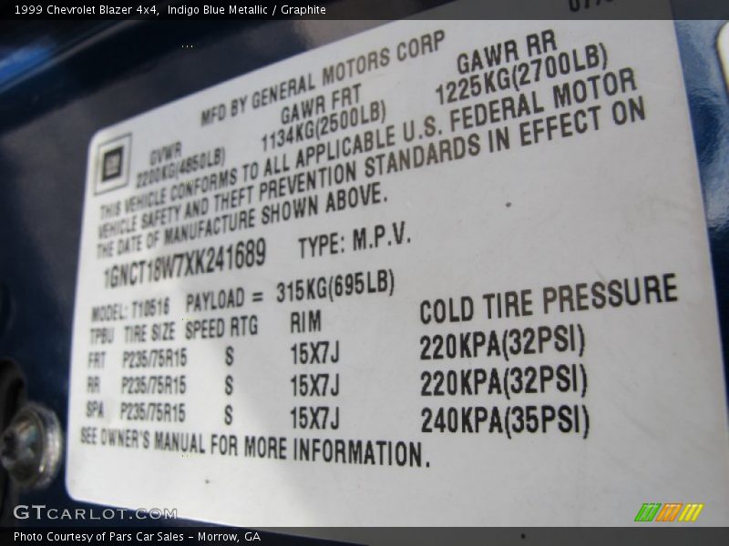 Indigo Blue Metallic / Graphite 1999 Chevrolet Blazer 4x4
