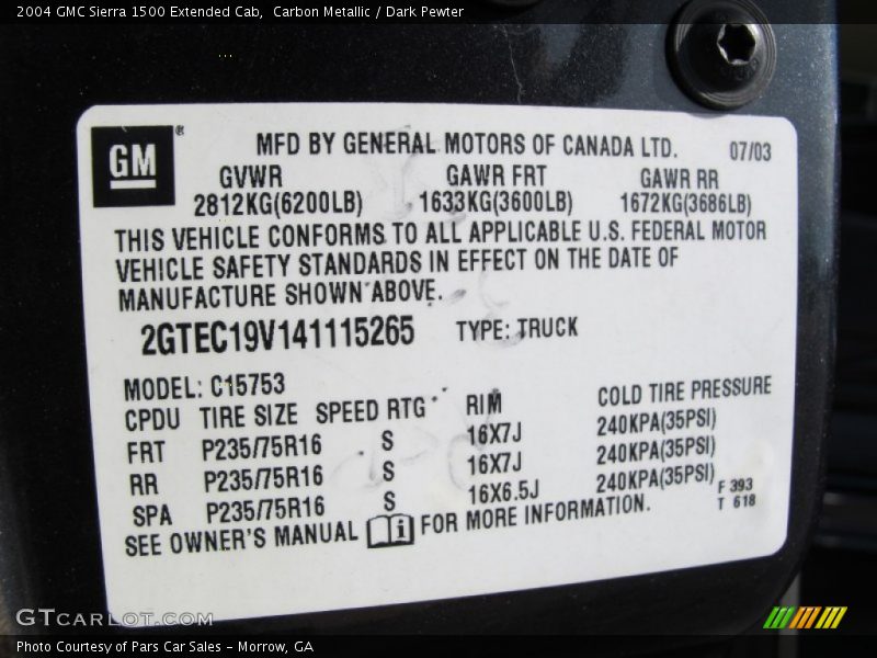 Info Tag of 2004 Sierra 1500 Extended Cab