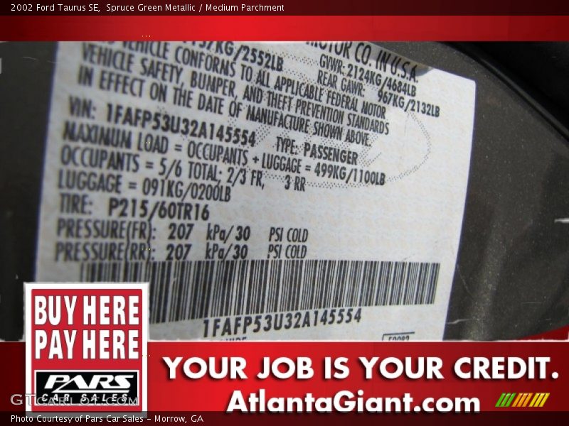 Spruce Green Metallic / Medium Parchment 2002 Ford Taurus SE