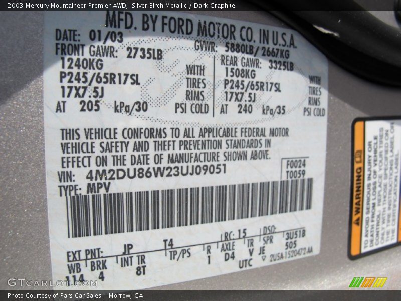 Silver Birch Metallic / Dark Graphite 2003 Mercury Mountaineer Premier AWD