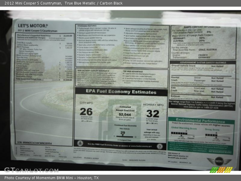 True Blue Metallic / Carbon Black 2012 Mini Cooper S Countryman