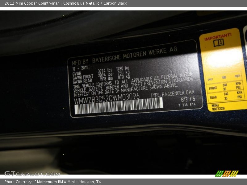 Cosmic Blue Metallic / Carbon Black 2012 Mini Cooper Countryman