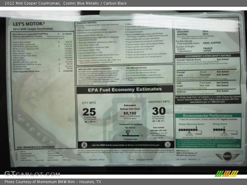 Cosmic Blue Metallic / Carbon Black 2012 Mini Cooper Countryman