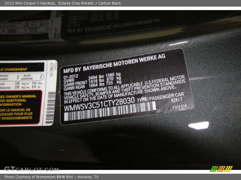 Eclipse Gray Metallic / Carbon Black 2012 Mini Cooper S Hardtop