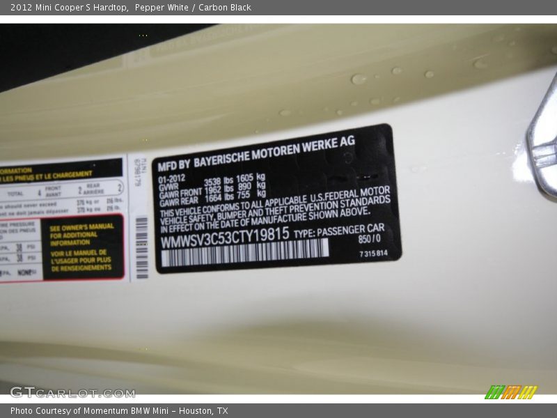 Pepper White / Carbon Black 2012 Mini Cooper S Hardtop