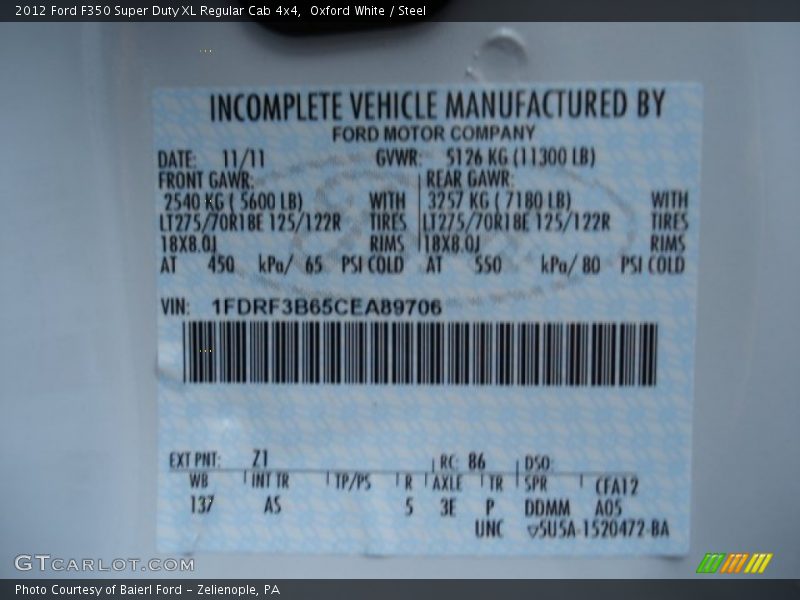 2012 F350 Super Duty XL Regular Cab 4x4 Oxford White Color Code Z1
