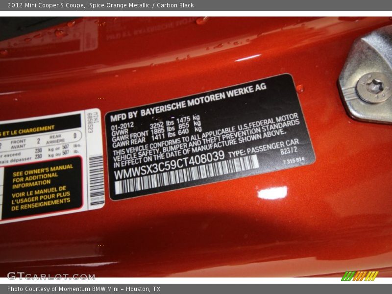 Spice Orange Metallic / Carbon Black 2012 Mini Cooper S Coupe