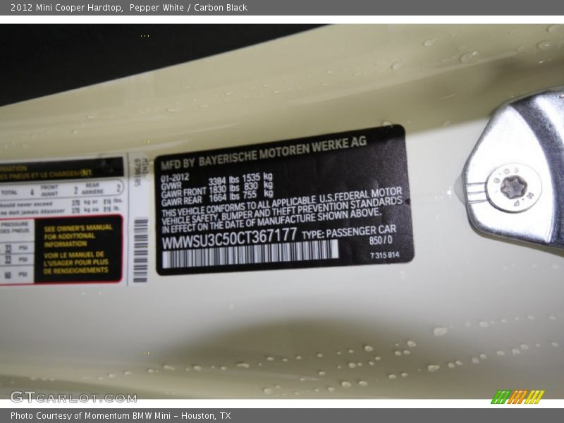 Pepper White / Carbon Black 2012 Mini Cooper Hardtop