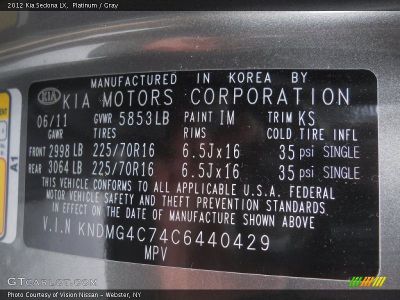 2012 Sedona LX Platinum Color Code IM