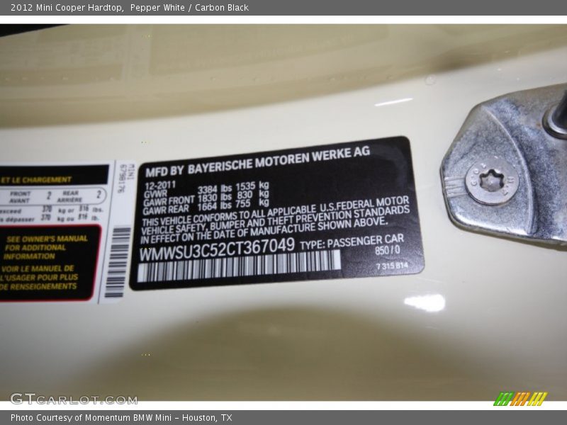 Pepper White / Carbon Black 2012 Mini Cooper Hardtop