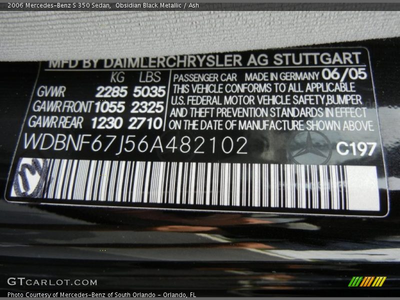 2006 S 350 Sedan Obsidian Black Metallic Color Code 197