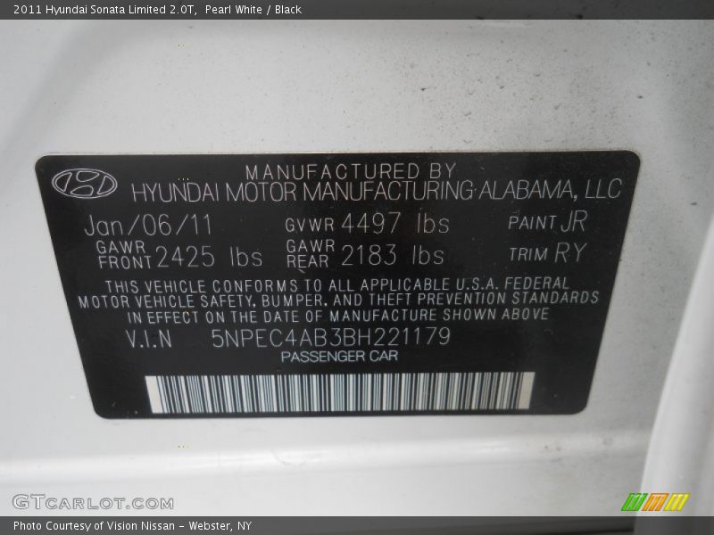 2011 Sonata Limited 2.0T Pearl White Color Code JR