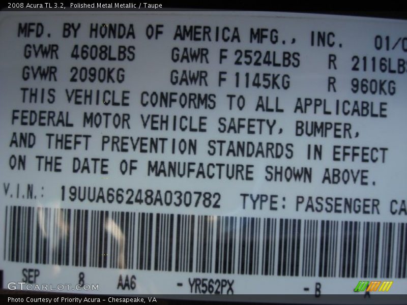 Polished Metal Metallic / Taupe 2008 Acura TL 3.2