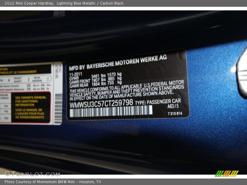 Lightning Blue Metallic / Carbon Black 2012 Mini Cooper Hardtop