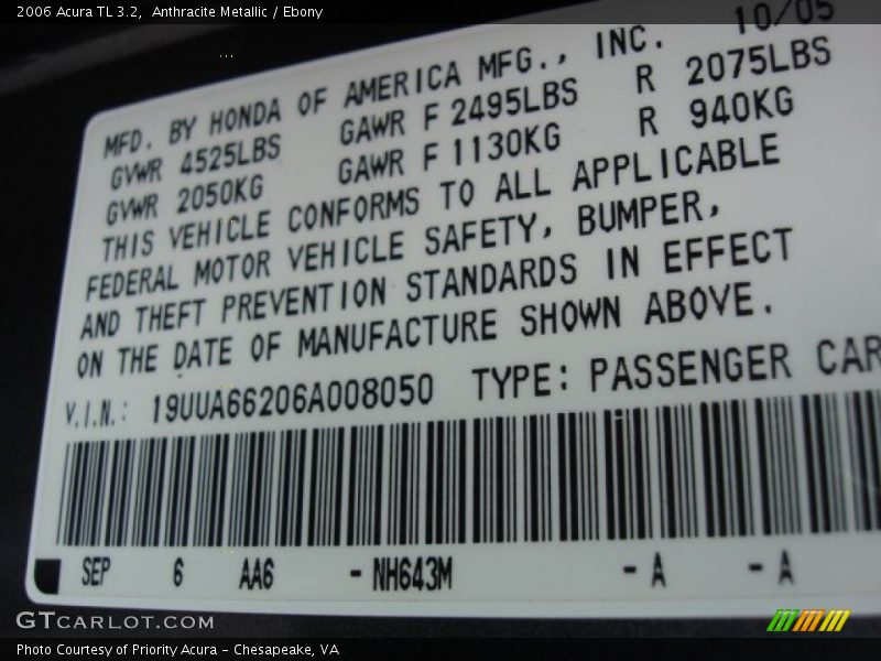 Anthracite Metallic / Ebony 2006 Acura TL 3.2