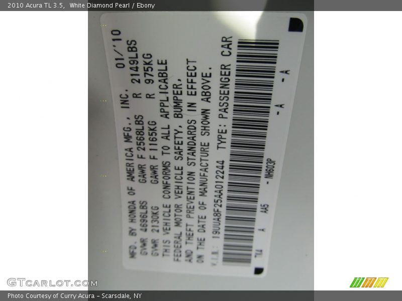 White Diamond Pearl / Ebony 2010 Acura TL 3.5