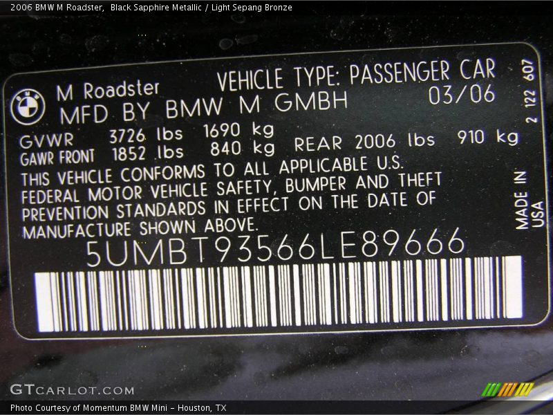 Black Sapphire Metallic / Light Sepang Bronze 2006 BMW M Roadster