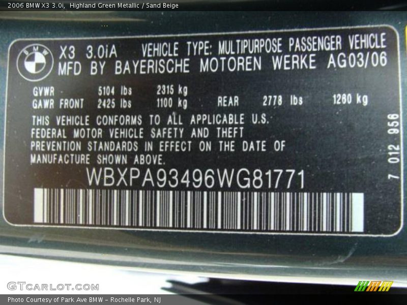 Highland Green Metallic / Sand Beige 2006 BMW X3 3.0i
