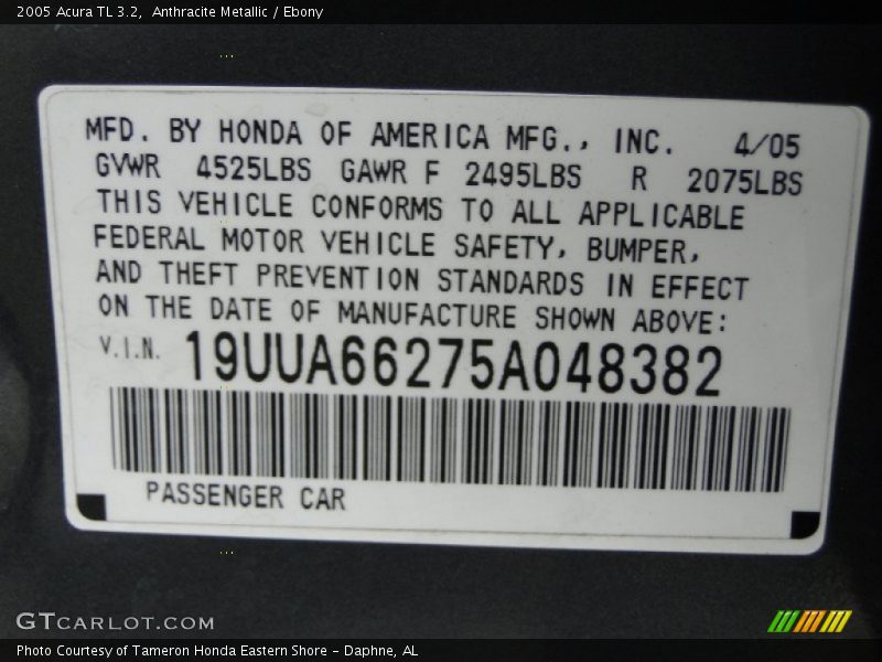 Anthracite Metallic / Ebony 2005 Acura TL 3.2