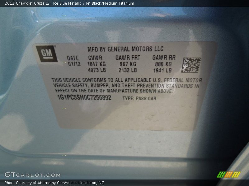 Ice Blue Metallic / Jet Black/Medium Titanium 2012 Chevrolet Cruze LS