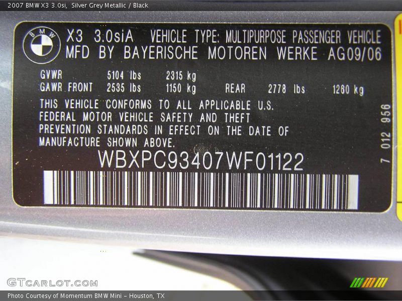 Silver Grey Metallic / Black 2007 BMW X3 3.0si