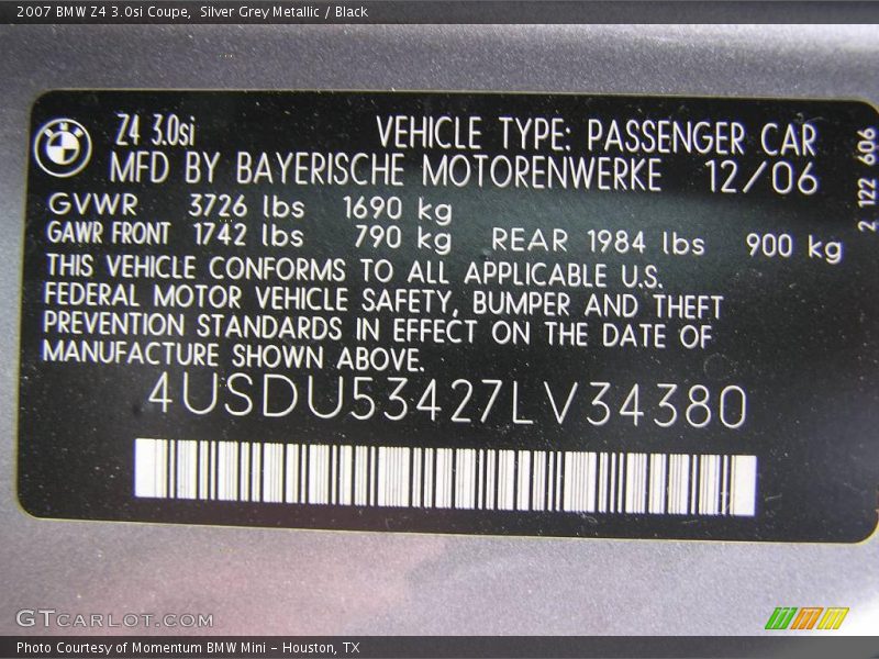 Silver Grey Metallic / Black 2007 BMW Z4 3.0si Coupe