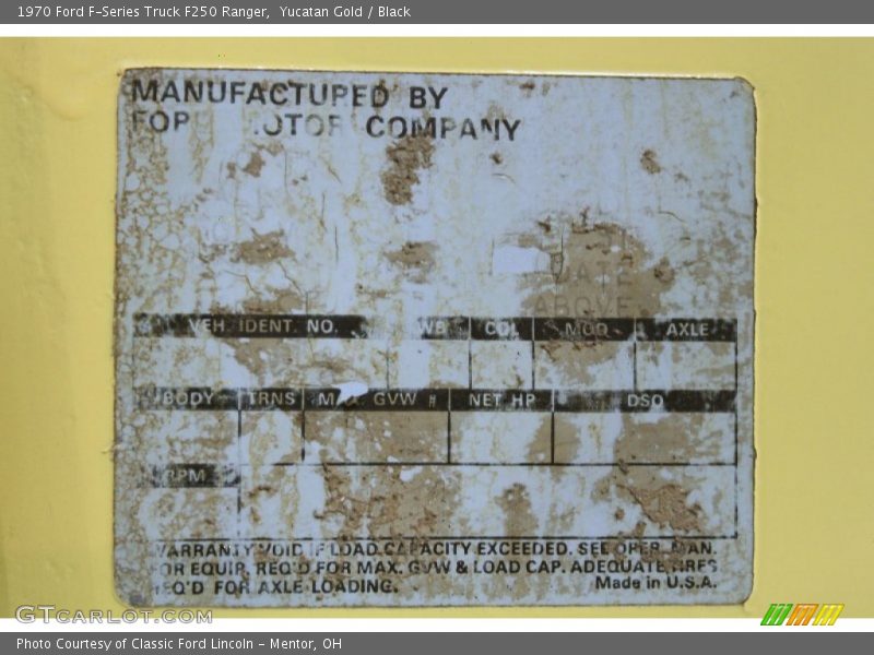 Info Tag of 1970 F-Series Truck F250 Ranger